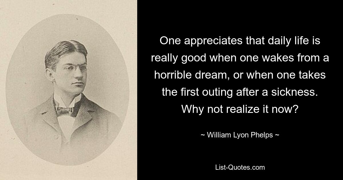 One appreciates that daily life is really good when one wakes from a horrible dream, or when one takes the first outing after a sickness. Why not realize it now? — © William Lyon Phelps