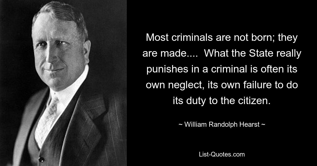 Most criminals are not born; they are made....  What the State really punishes in a criminal is often its own neglect, its own failure to do its duty to the citizen. — © William Randolph Hearst