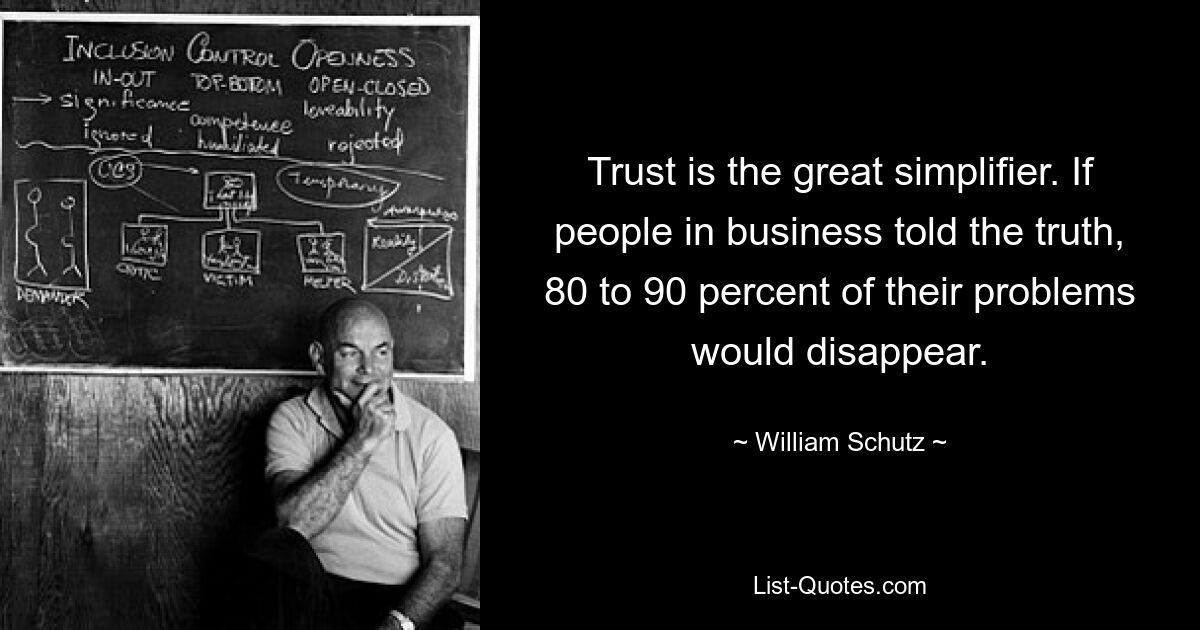 Trust is the great simplifier. If people in business told the truth, 80 to 90 percent of their problems would disappear. — © William Schutz