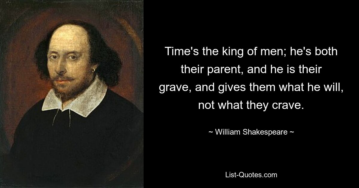 Time's the king of men; he's both their parent, and he is their grave, and gives them what he will, not what they crave. — © William Shakespeare