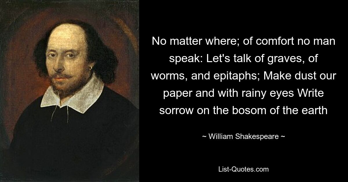 No matter where; of comfort no man speak: Let's talk of graves, of worms, and epitaphs; Make dust our paper and with rainy eyes Write sorrow on the bosom of the earth — © William Shakespeare