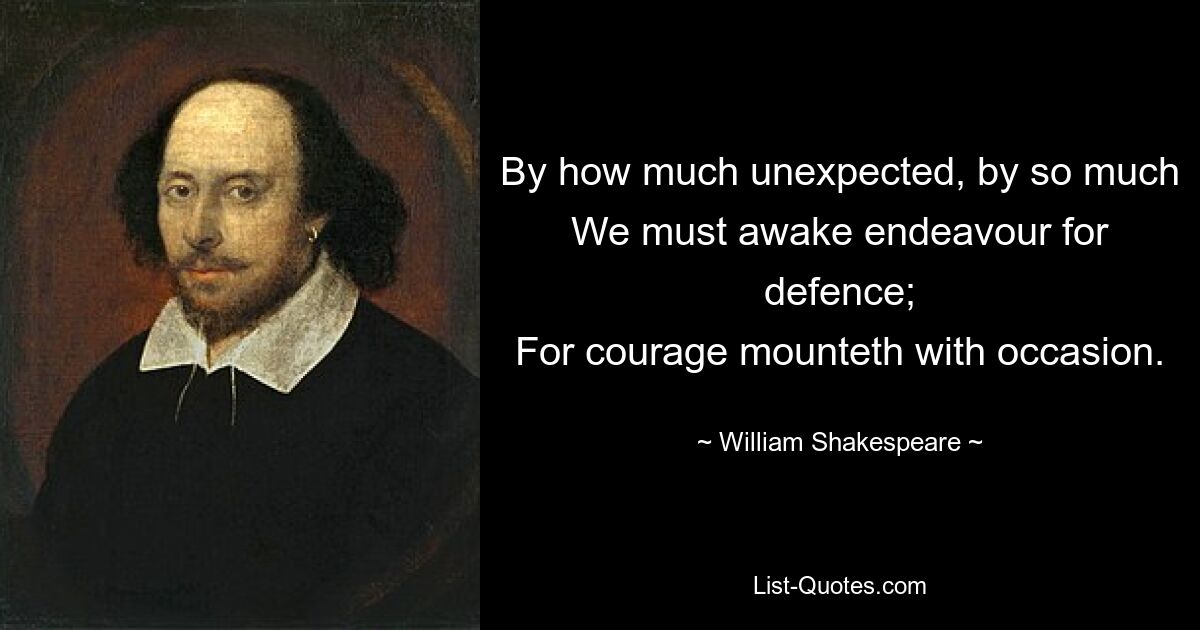 By how much unexpected, by so much
We must awake endeavour for defence;
For courage mounteth with occasion. — © William Shakespeare