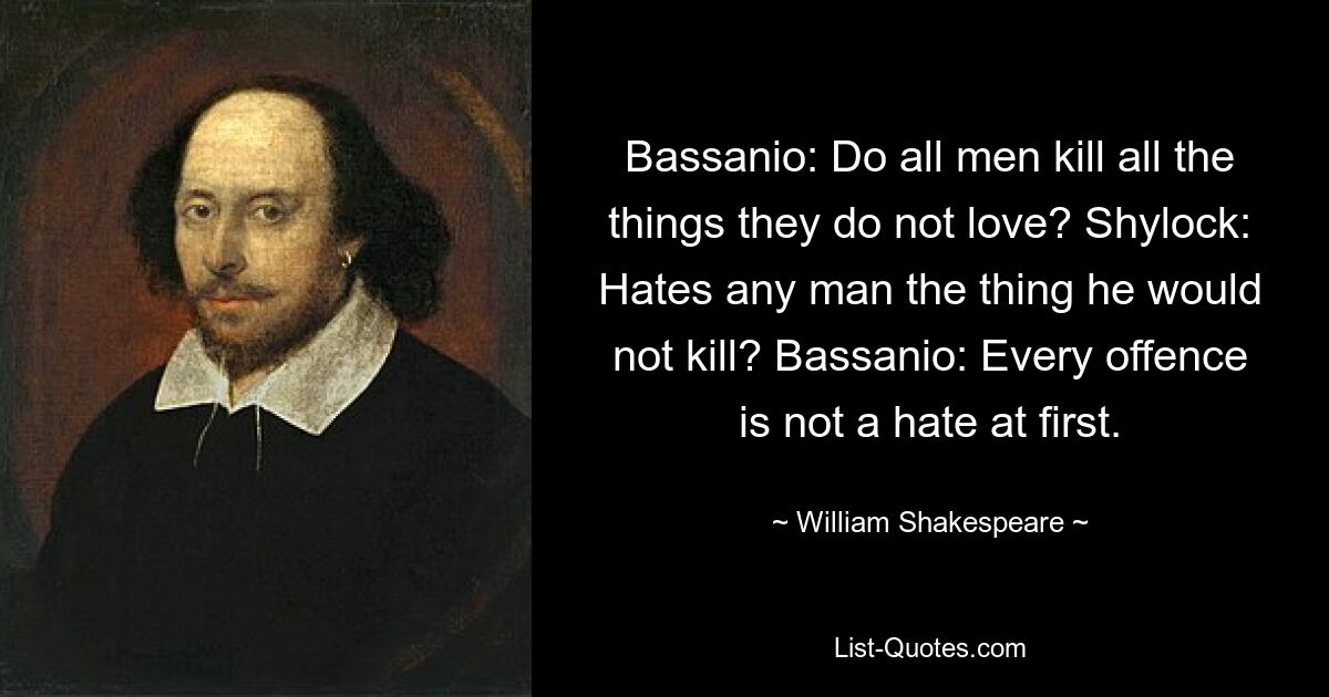 Bassanio: Do all men kill all the things they do not love? Shylock: Hates any man the thing he would not kill? Bassanio: Every offence is not a hate at first. — © William Shakespeare