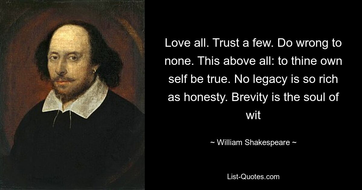 Love all. Trust a few. Do wrong to none. This above all: to thine own self be true. No legacy is so rich as honesty. Brevity is the soul of wit — © William Shakespeare