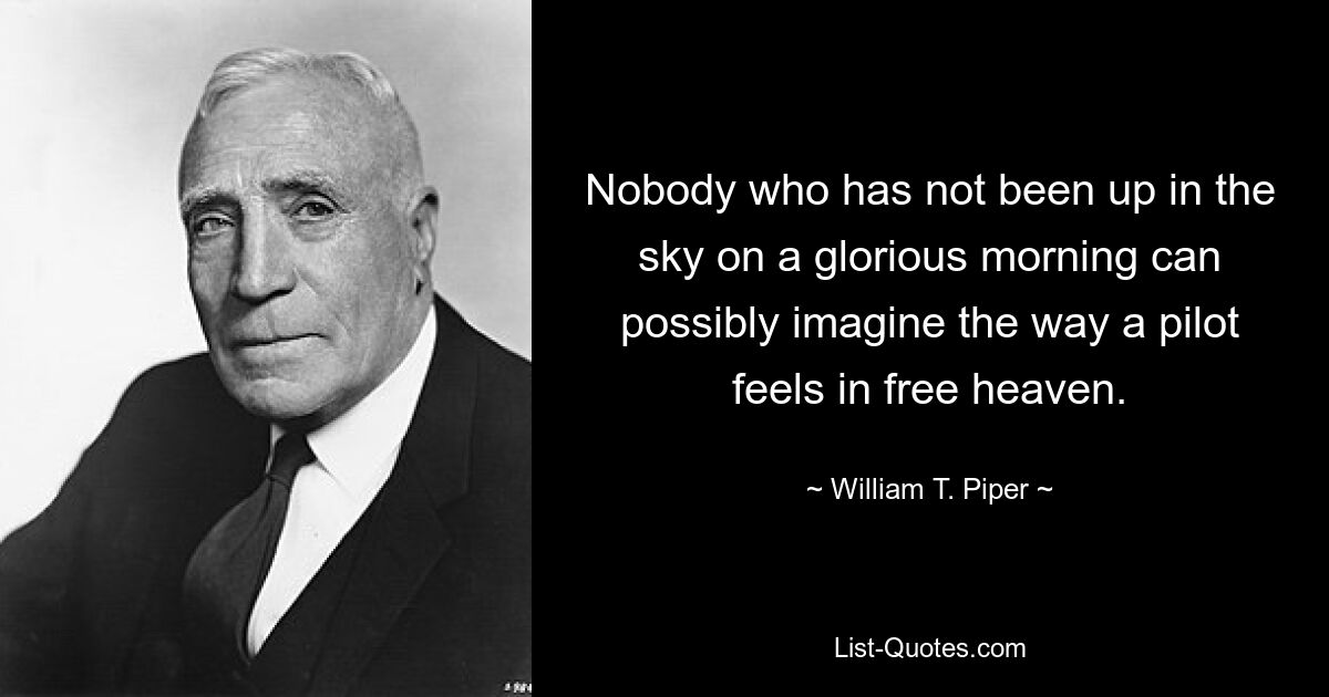 Nobody who has not been up in the sky on a glorious morning can possibly imagine the way a pilot feels in free heaven. — © William T. Piper