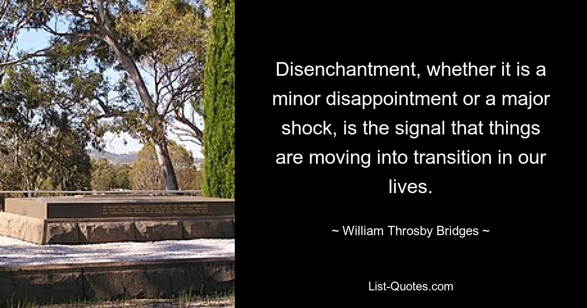 Disenchantment, whether it is a minor disappointment or a major shock, is the signal that things are moving into transition in our lives. — © William Throsby Bridges