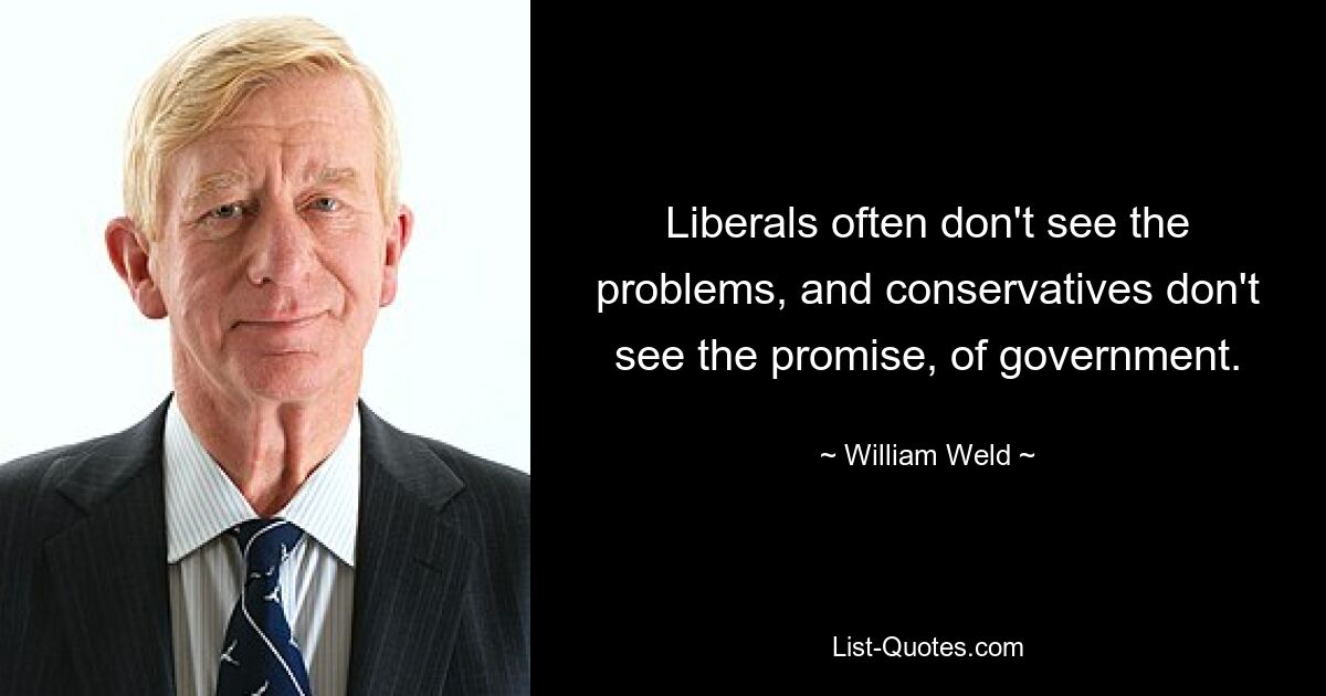 Liberals often don't see the problems, and conservatives don't see the promise, of government. — © William Weld