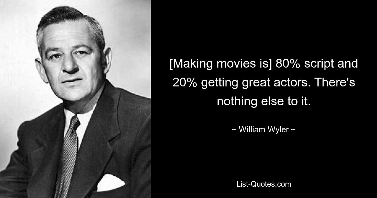 [Making movies is] 80% script and 20% getting great actors. There's nothing else to it. — © William Wyler