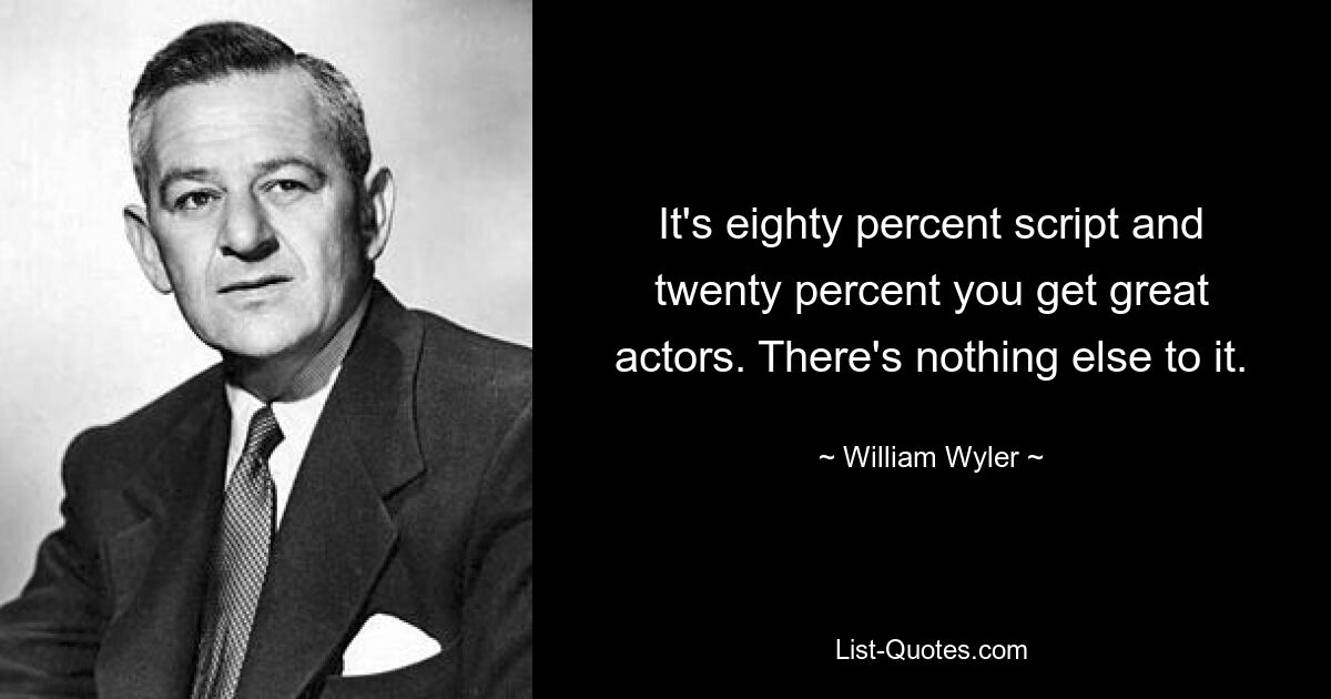 На восемьдесят процентов это сценарий, а на двадцать процентов вы получаете отличных актеров. Больше ничего в этом нет. — © Уильям Уайлер 
