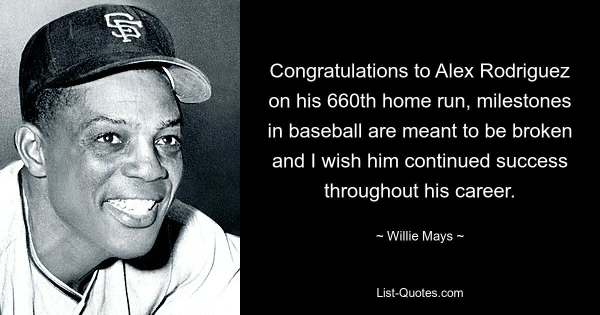 Congratulations to Alex Rodriguez on his 660th home run, milestones in baseball are meant to be broken and I wish him continued success throughout his career. — © Willie Mays