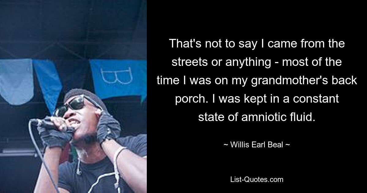 That's not to say I came from the streets or anything - most of the time I was on my grandmother's back porch. I was kept in a constant state of amniotic fluid. — © Willis Earl Beal