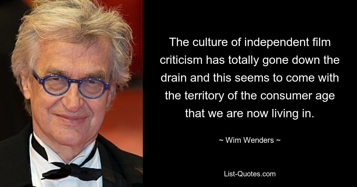 The culture of independent film criticism has totally gone down the drain and this seems to come with the territory of the consumer age that we are now living in. — © Wim Wenders