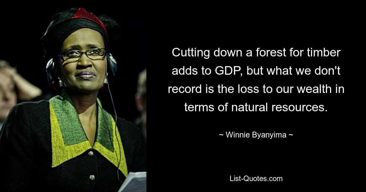 Cutting down a forest for timber adds to GDP, but what we don't record is the loss to our wealth in terms of natural resources. — © Winnie Byanyima