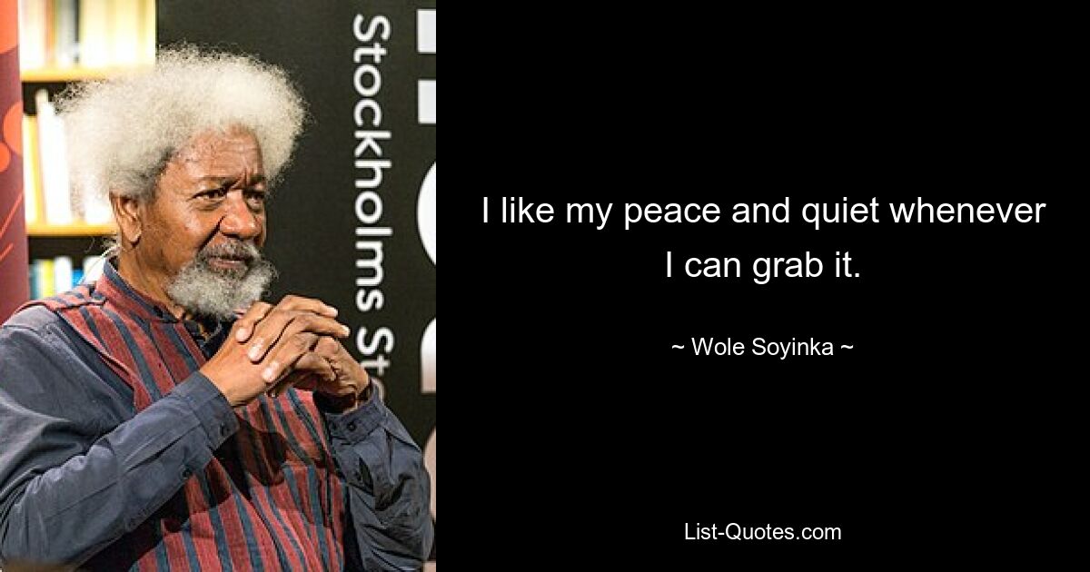 I like my peace and quiet whenever I can grab it. — © Wole Soyinka