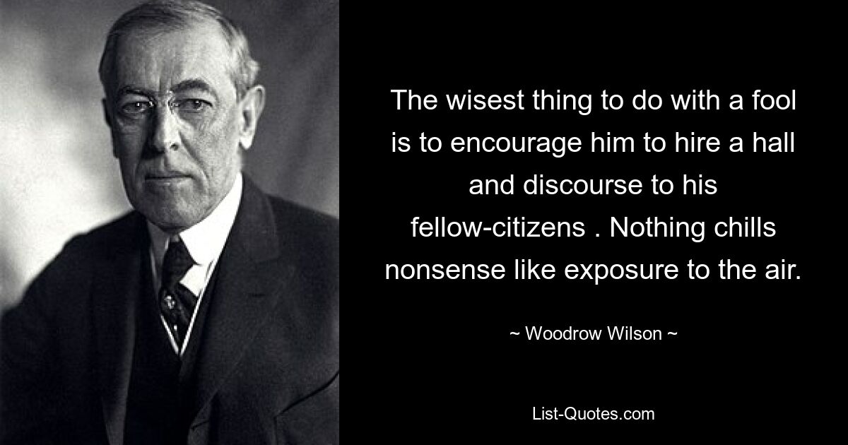 The wisest thing to do with a fool is to encourage him to hire a hall and discourse to his fellow-citizens . Nothing chills nonsense like exposure to the air. — © Woodrow Wilson