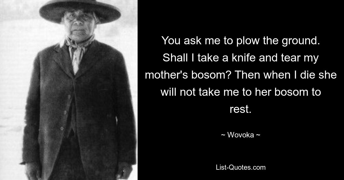 You ask me to plow the ground. Shall I take a knife and tear my mother's bosom? Then when I die she will not take me to her bosom to rest. — © Wovoka