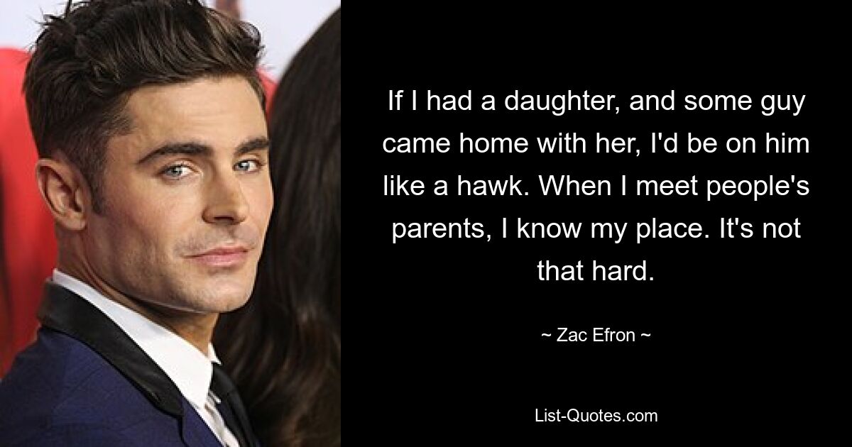 If I had a daughter, and some guy came home with her, I'd be on him like a hawk. When I meet people's parents, I know my place. It's not that hard. — © Zac Efron