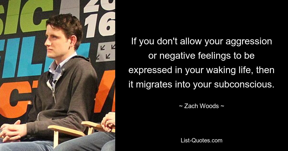 If you don't allow your aggression or negative feelings to be expressed in your waking life, then it migrates into your subconscious. — © Zach Woods