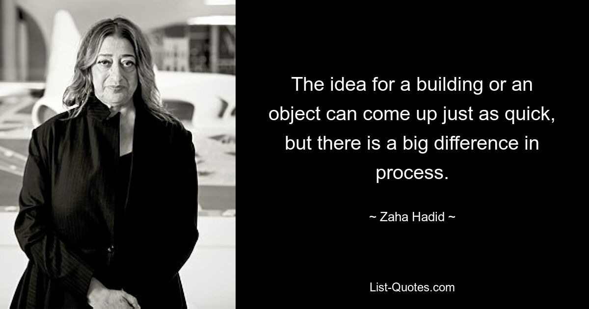 The idea for a building or an object can come up just as quick, but there is a big difference in process. — © Zaha Hadid