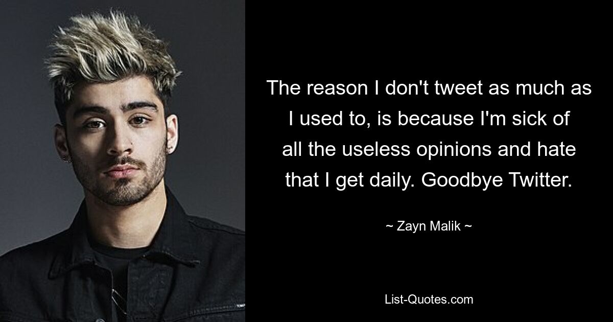 The reason I don't tweet as much as I used to, is because I'm sick of all the useless opinions and hate that I get daily. Goodbye Twitter. — © Zayn Malik