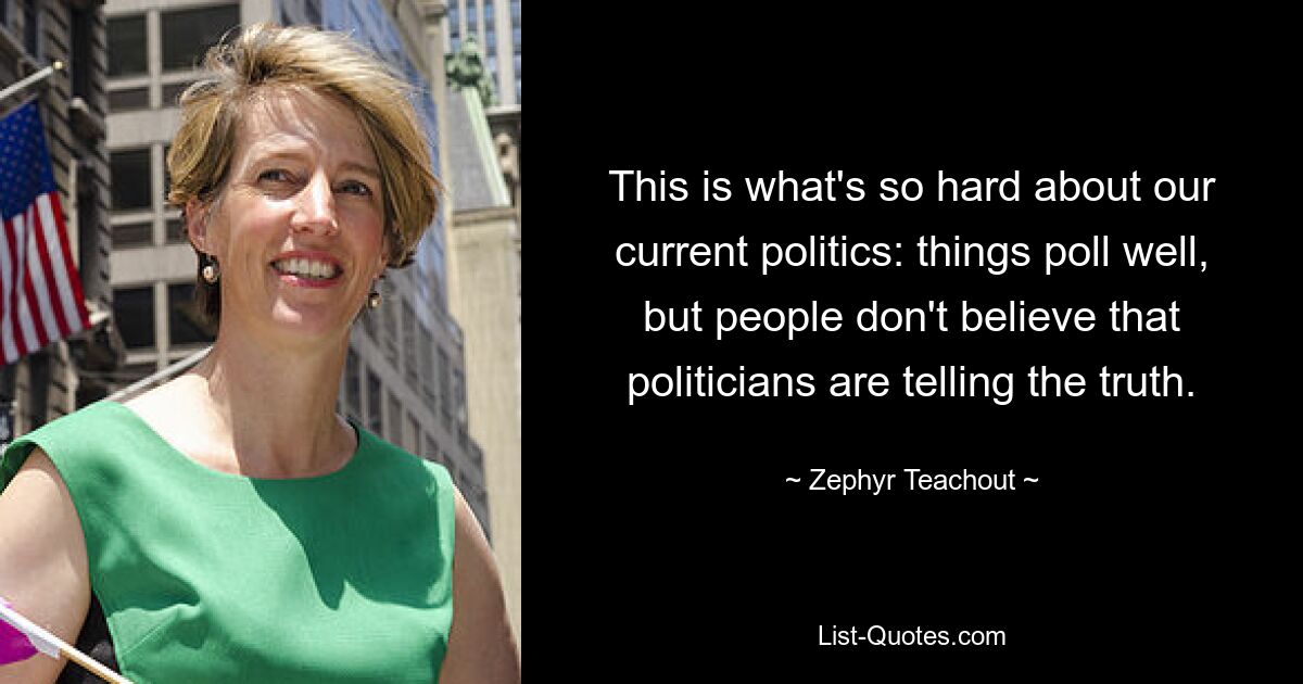 This is what's so hard about our current politics: things poll well, but people don't believe that politicians are telling the truth. — © Zephyr Teachout