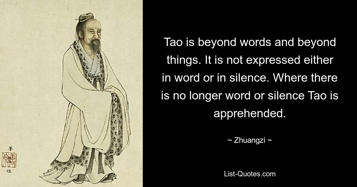 Tao is beyond words and beyond things. It is not expressed either in word or in silence. Where there is no longer word or silence Tao is apprehended. — © Zhuangzi