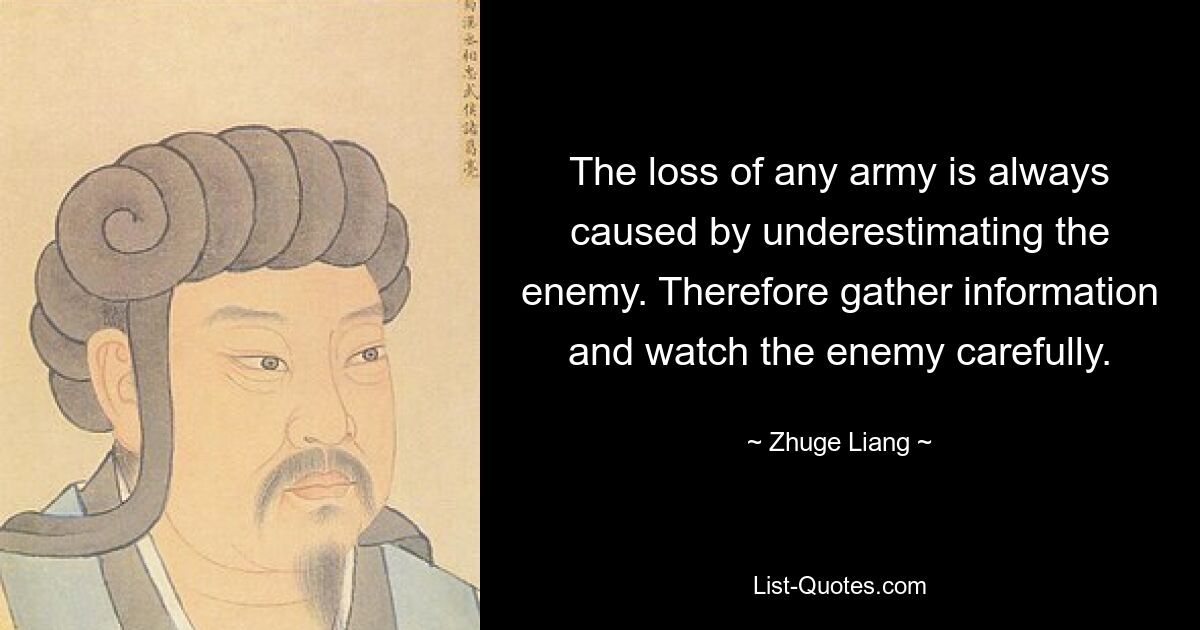 The loss of any army is always caused by underestimating the enemy. Therefore gather information and watch the enemy carefully. — © Zhuge Liang