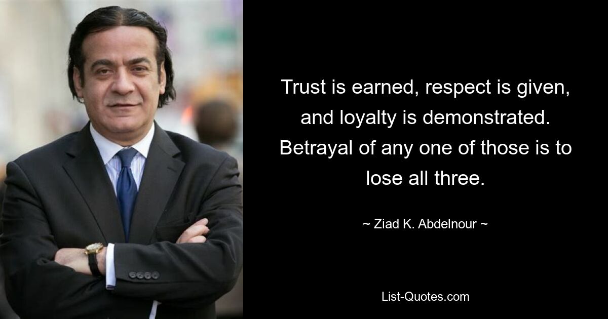 Trust is earned, respect is given, and loyalty is demonstrated. Betrayal of any one of those is to lose all three. — © Ziad K. Abdelnour