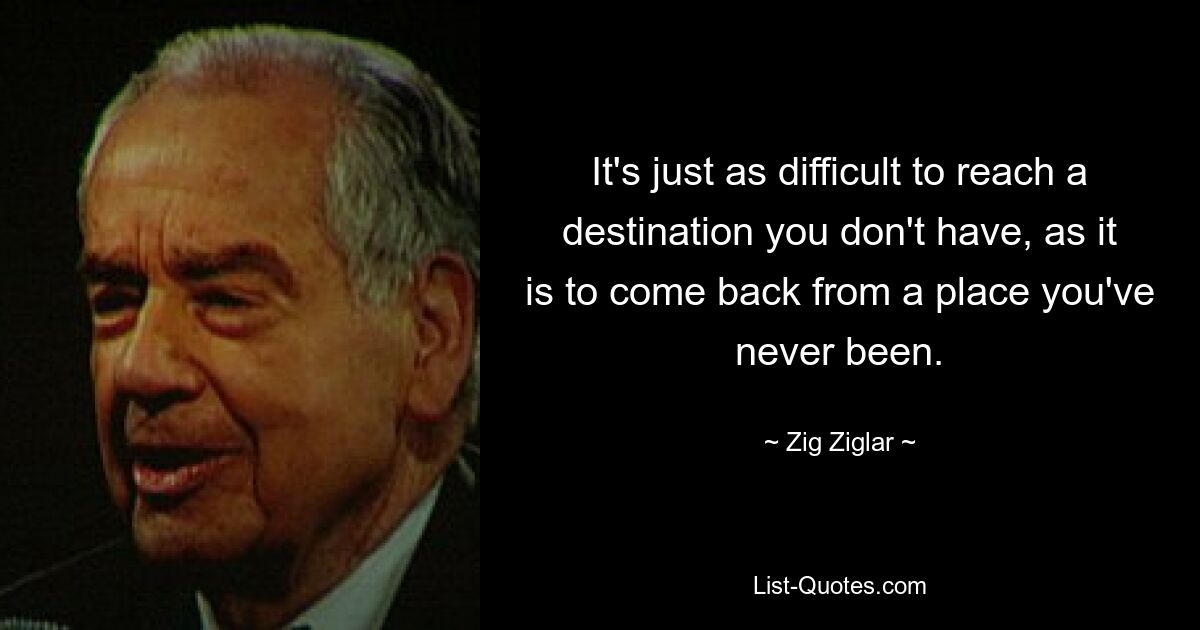 It's just as difficult to reach a destination you don't have, as it is to come back from a place you've never been. — © Zig Ziglar