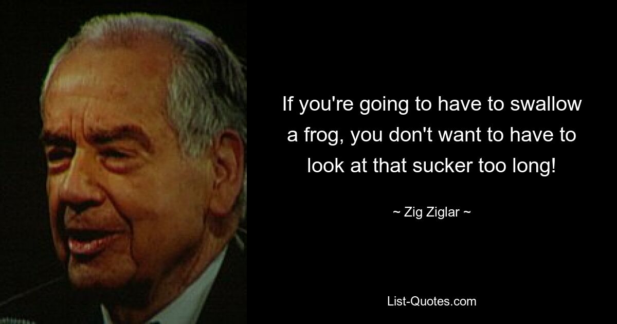 If you're going to have to swallow a frog, you don't want to have to look at that sucker too long! — © Zig Ziglar